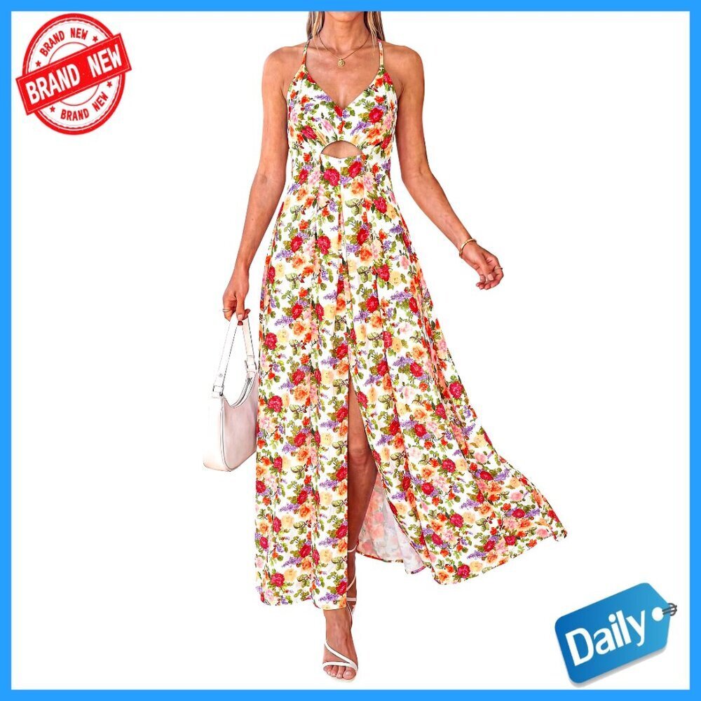 Floral Maxi Dress with Spaghetti Straps Smocked Back Side Pockets Resort
